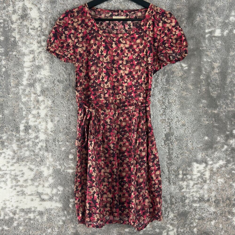 Tulle Sz S Abstract Tie Mini Flare Dress Multi Colored Short Sleeve Pullover Zip